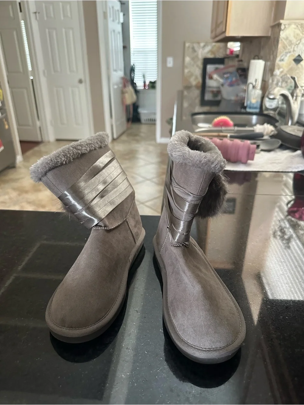 Justice Gray Faux Fur Trim Girls' Winter Boots